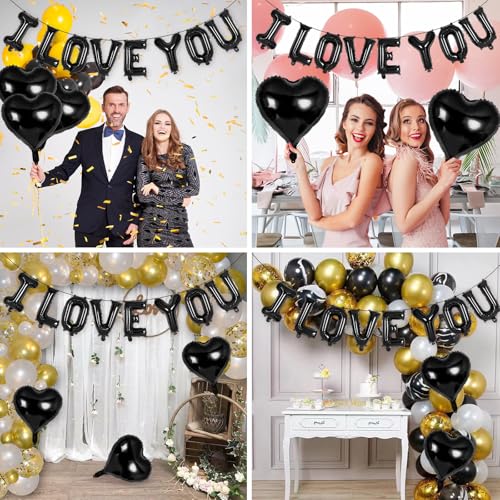 16 Inch I Love You Letter Balloons & Black Heart Balloons Set