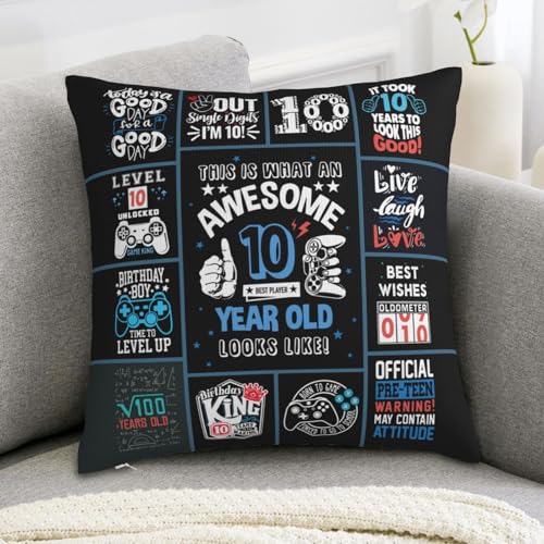 10th Birthday Gift for Boy 18x18 Inch Throw Pillow Cover, Black Design