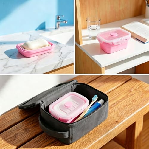 Elimeta Collapsible Silicone Soap Dish - Leak-Proof Portable Case, Pink