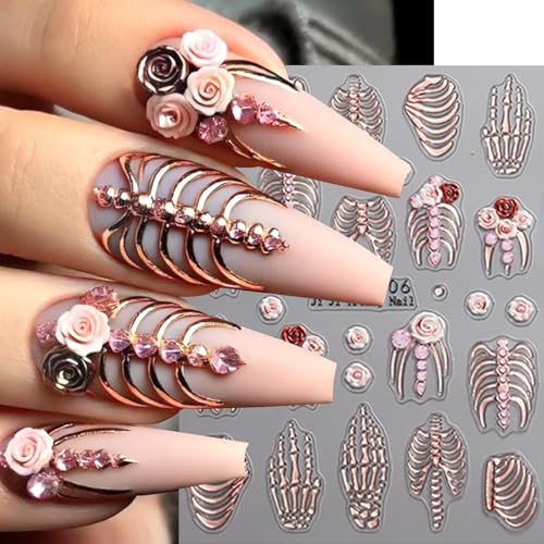 5D Halloween Skeleton Nail Art Stickers - Gothic Rose & Skull Decal Set