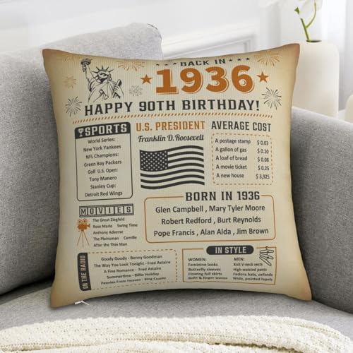 90th Birthday Gift Pillow Cover, 18"x18" Vintage 1936 Keepsake Cushion Case