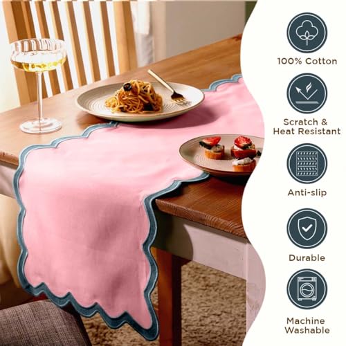 Pink Scalloped Cotton Table Runner 14x108 Inch for Dining & Parties - Laguna Blush