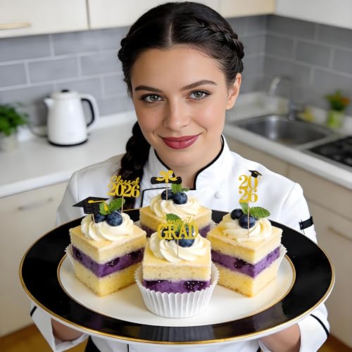 2026 Graduation Cupcake Toppers - 25 Black & Gold Picks