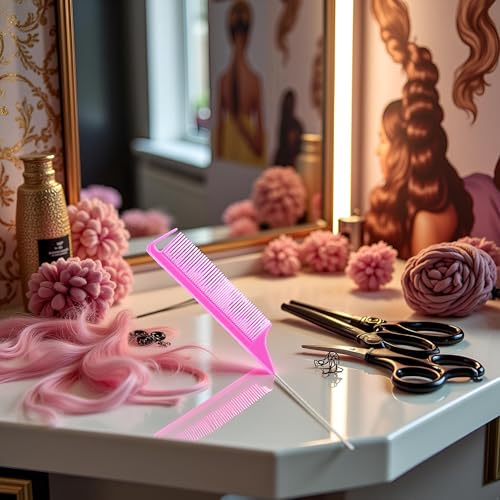 Pink Carbon Fiber Metal-Pin Rat Tail Comb for Hair Styling and Parting