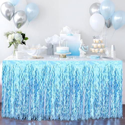 Blue Wavy Tinsel Fringe Table Skirts - 2 Pack, 108 x 29.5 Inches