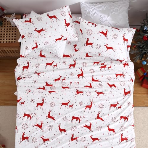 Christmas Queen Bed Sheet Set with Reindeer Pattern - Microfiber, Soft & Breathable, Deep Pockets, Red, 4-Piece