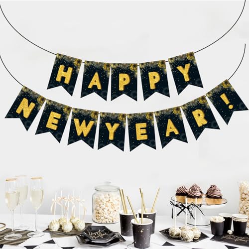 Black and Gold Happy New Year Banner 13-Piece Party Decoration Garland