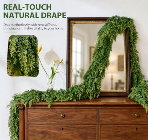 9FT Christmas Cedar Garland - Pre-Lit & Realistic Greenery with 8 Lighting Modes - Cascade Cedar Style, 2 Pack