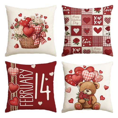 Valentine's Day Throw Pillow Covers 18x18 Inch, Set of 4 Heart Decor