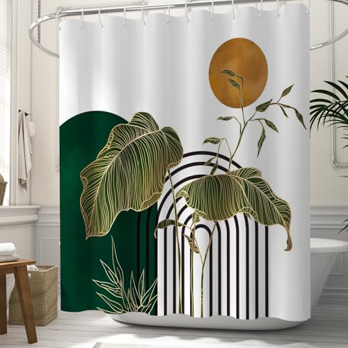 Mid Century Dark Green Shower Curtain with Tropical Leaves - 72x72