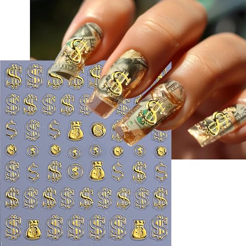 5D Gold Nail Stickers Embossed Dollar Design Self-Adhesive Decals