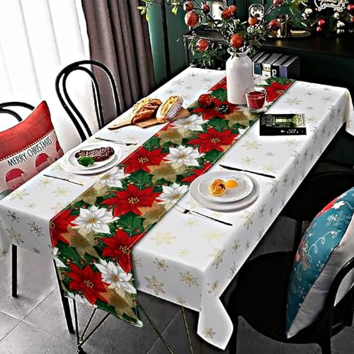 Christmas Poinsettia Table Runner 13x48 Inch Burlap Holiday Decor for Home & Kitchen