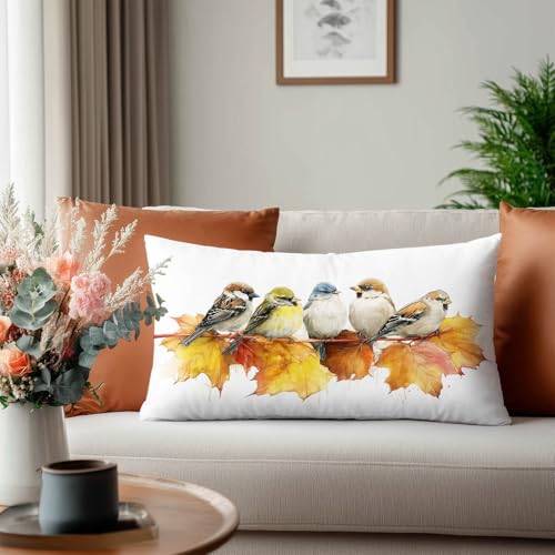 HOMETITUTE Decorative Satin Pillow Covers Set of 2 - 12x20 Inch Watercolor Bird Art