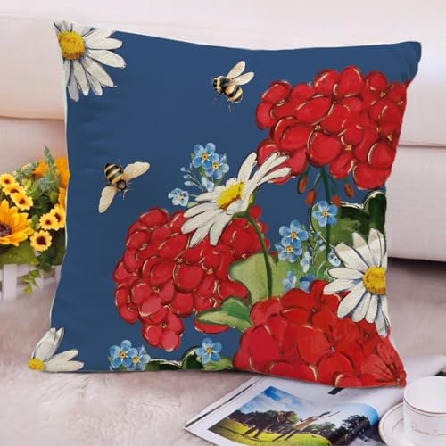 Spring Summer Red Geranium Throw Pillow Covers 18" x 18" (Set of 4)