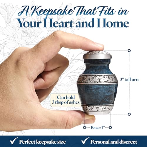 Elegant Mini Keepsake Urn for Ashes - Hand Engraved Blue Aluminum