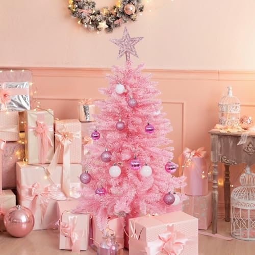Pink 3ft Artificial Christmas Tree with Lights, Ornaments & 8 Lighting Modes