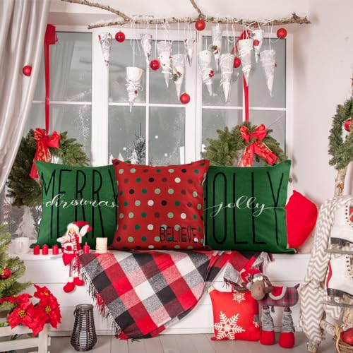 Red Green Christmas Pillow Covers 18x18 Inches - Festive Holiday Cushion Cases Set of 4