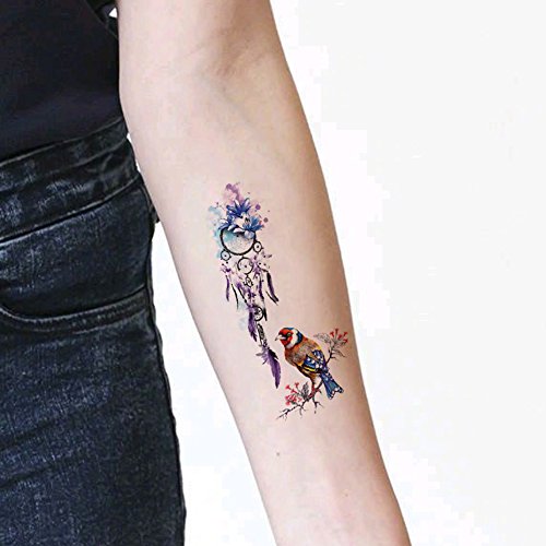 TAFLY Temporary Tattoo Stickers - Bird & Purple Dreamcatcher Floral Design