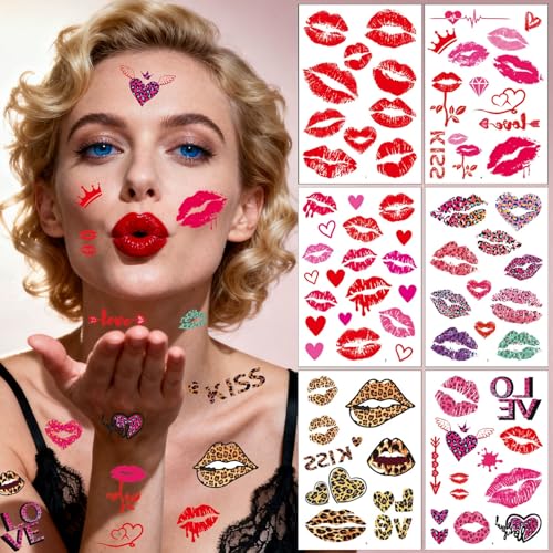 WIWUFUE Valentine's Day Temporary Tattoos 6 Sheets, Waterproof Romantic Hearts & Sexy Lips Body Art Stickers for Couples