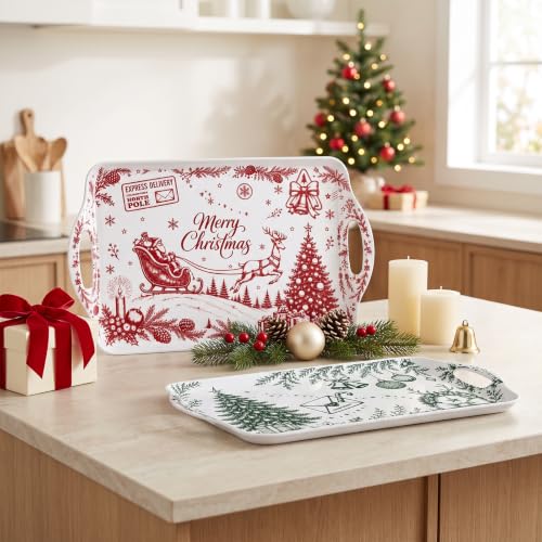 Christmas Serving Trays with Handles - Vintage Red & Green Set of 2, 19 x 11.6 Inch Melamine Platters with Silicone Mats