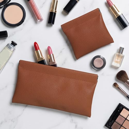 Xyembu 2-Piece Leather Pocket Cosmetic Bag Set Brown Mini Travel Pouch