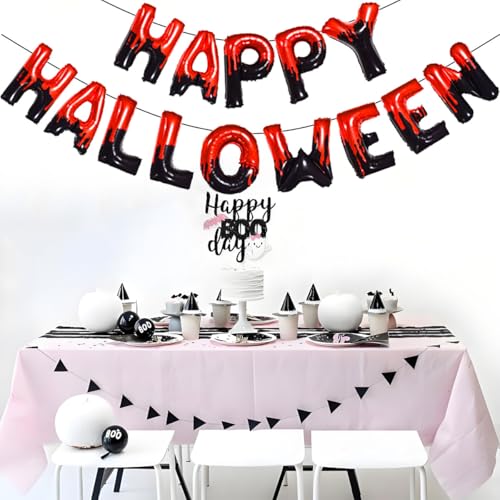 Happy Halloween Foil Balloons Banner - 16 Inch Black and Red Party Decor
