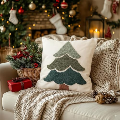 GEEORY Christmas Pillow Covers 18x18 Inch | Embroidered Xmas Tree Decor