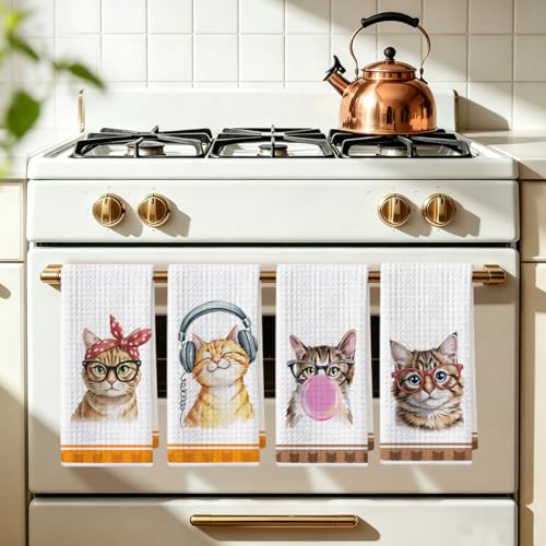 Hanamiya Na Multi 1350 Funny Cat Kitchen Towels, 4 Pcs 24x14 Inch