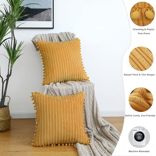 Yellow Corduroy Throw Pillow Covers 18x18 Set of 4 - Soft & Stylish