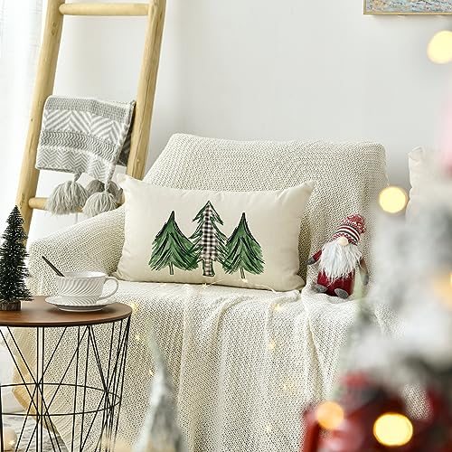 Watercolor Christmas Tree Throw Pillow Cover - 12x20 Inch Buffalo Plaid