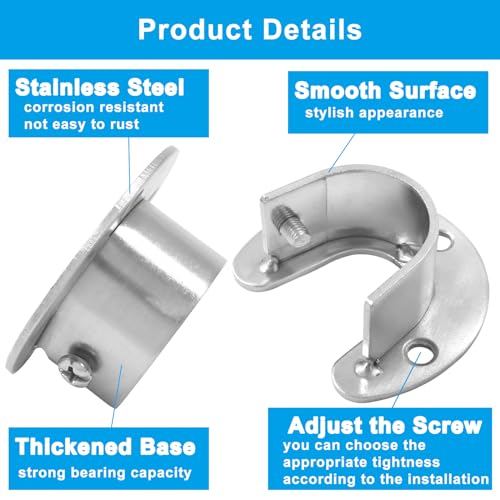 1 Inch Stainless Steel Closet Rod Holders - U-Shaped & O-Shaped Support Brackets