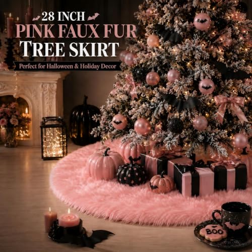 Pink Faux Fur Christmas Tree Skirt 28 Inch for Holiday Decor - MACTING