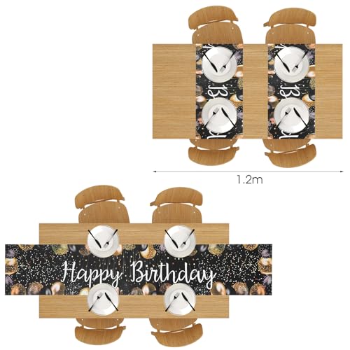 Happy Birthday Table Runner - Vintage Black Gold 72x13 In