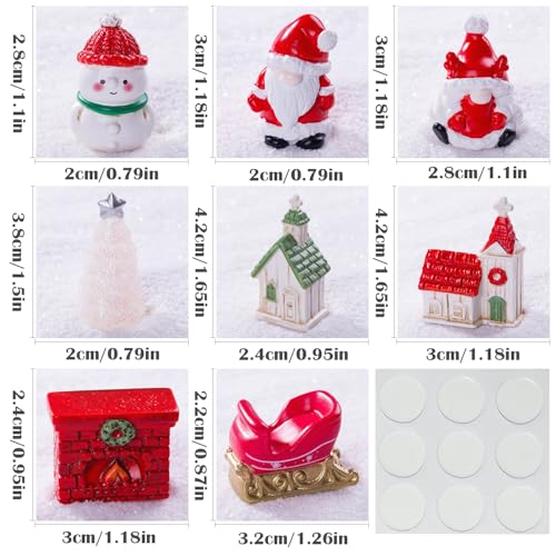 Set of 8 Mini Christmas Village Figurines - Santa, Snowman, Houses & Gnome Ornaments - Village Themed