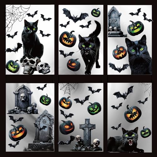 DERAYEE 8 Sheet Halloween Window Clings - Black Cat & Bats