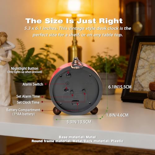 AYRELY Vintage Metal Analog Alarm Clock - Battery Operated, 5.3"