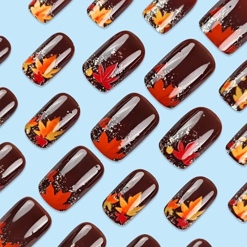 Maple Leaf Short Square Press on Nails Thanksgiving Acrylic False Nails 24Pcs