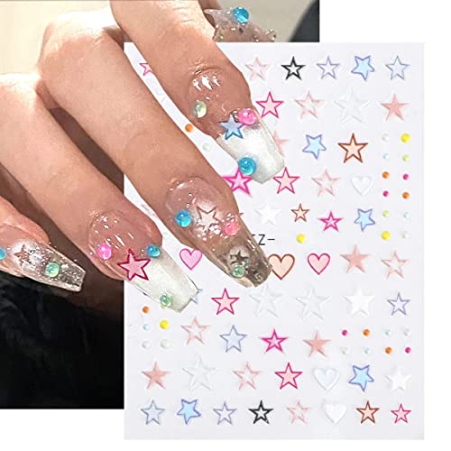 6 Sheets Colorful Star & Heart Nail Art Stickers 3D Self-Adhesive Decals