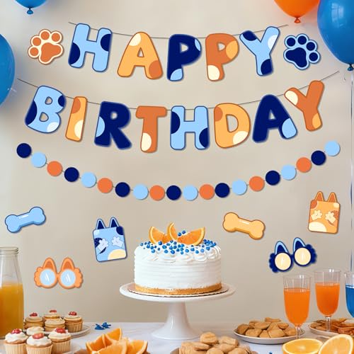 Blue & Orange Happy Birthday Banner Set - Pre-Strung Dog Theme Decorations
