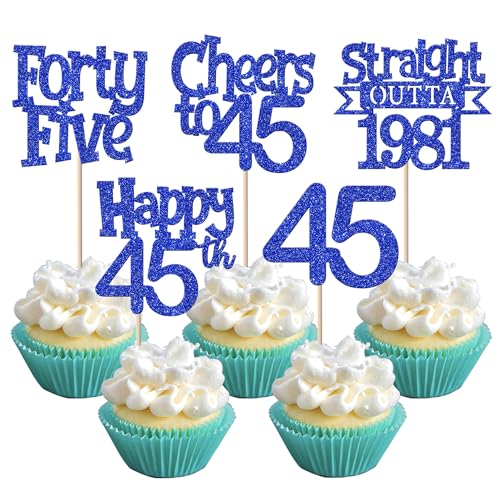 30PCS Glitter 45th Birthday Cupcake Toppers - Cheers to 45 Years