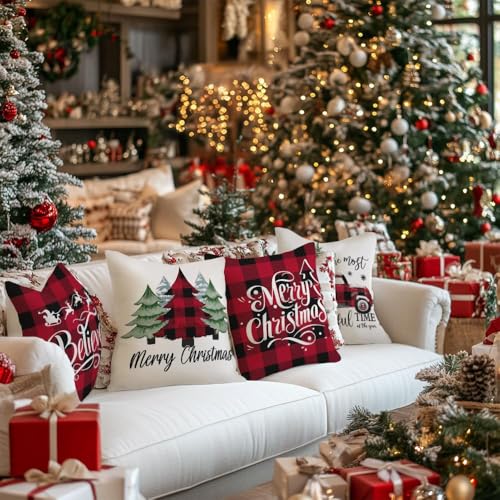 GEEORY Merry Christmas Throw Pillow Covers Set of 4, 18x18 Inch Multicolor
