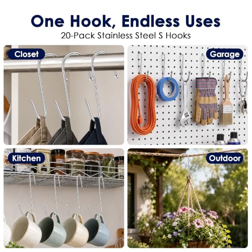 S Hooks for Hanging - 3.4 Inch Rust-Proof Stainless Steel, 20 Pack