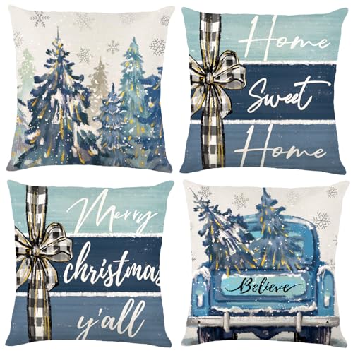 Heirloom Haven 4-Pack Christmas Pillow Covers 18x18in Blue Oil Painting Holiday Decor