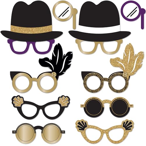 Roaring 20s Photo Booth Props - Black & Gold Party Glasses, 10 Pack