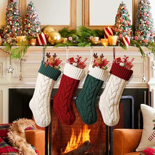 Christmas Stockings Set 18 Inch Cable Knit Holiday Hanging Stockings - Red White 3 Pack