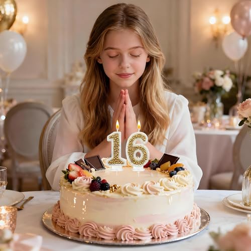 NHJINX Gold 16 Birthday Number Candle for Cake, Glitter Cake Topper