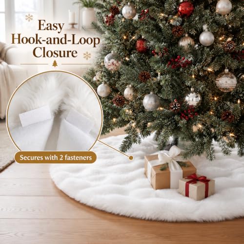 36 Inch White Christmas Tree Skirt with Plush Faux Fur - Festive Holiday Decor