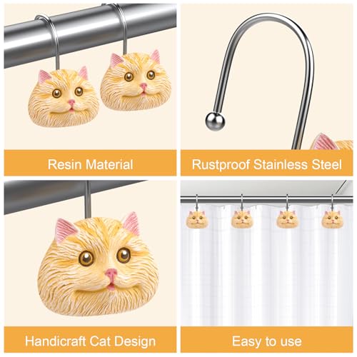 Cat Shower Curtain Hooks - 12-Piece Rustproof Metal Rings for Bathroom