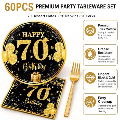 70th Birthday Party Supplies Set - 7-inch Plates, Napkins & Forks, 20 Pack