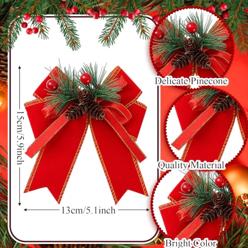 Christmas Red Velvet Bows with Pine Cones Pine Needles and Berries - 12 Pack